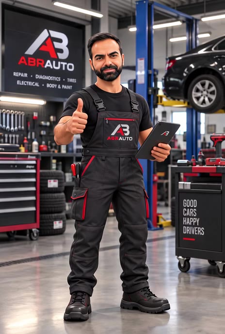 ABR Auto mechanic holding a diagnostic tablet and giving a thumbs-up